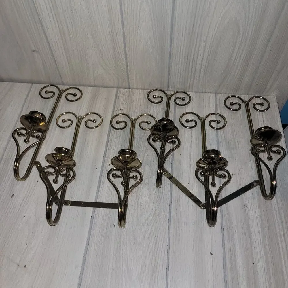 Vtg Brass Wall Mount Triple Sconce Pair Home Interior Candle Holders Gothic MCM
